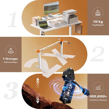 Регульований по висоті письмовий стіл Klicelor з LED-підсвіткою та розетками, 160x80 см, білий — геймерський стіл для офісу з підставкою під монітор та стільницею з 3 частин