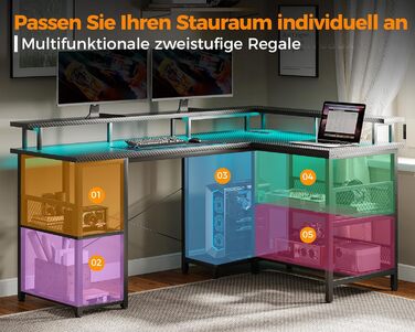 Ігровий стіл ODK з LED-підсвічуванням, 150x102 см, з 2 розетками та 2 USB-портами, кутовий, з підставкою для роутера, карбон, чорний