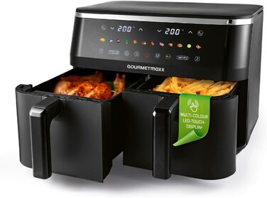 GOURMETmaxx Фрай-Ап Вертикальна Подвійна Камера Гарячого Повітря Фритюрниця | Вертикальний Airfryer | Складне Сенсорне Дисплей | 32% Економія Місця | Об'єм 10Л | Фритюрниця Гарячого Повітря 2 Камери (Чорний, 9 Літрів (2x 4,5Л))