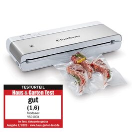 Компактний вакууматор FoodSaver VS0100X з ручним пристроєм для вакуумування, сріблястий (1 рулон та 4 пакети в комплекті)