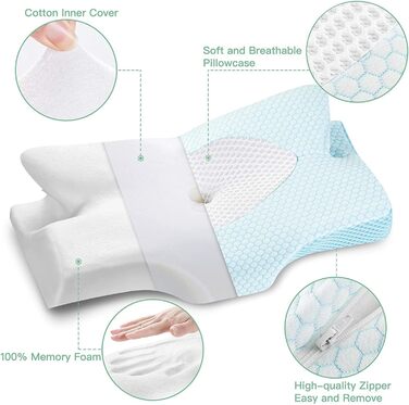 Ортопедична подушка Elviros з memory foam для сну на боці, підтримка шиї, зменшує біль у шиї та плечах, 64 x 12,5/10,5 x 38 см