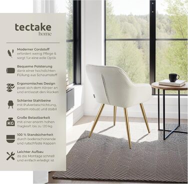 Тектейк® 4 шт. Крісла для їдальні/вітальні з підлокітниками, м'які, Cord, Loungesessel, для кухні, офісу - Кремовий/Золотий набір 4 шт.