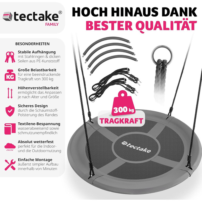 Шоукель Tectake® Nestschaukel: зручний та міцний гамак-шоукель для дітей та дорослих. Максимальне навантаження до 300 кг. Підходить для саду, дитячої кімнати. Діаметр 120 см та 100 см.