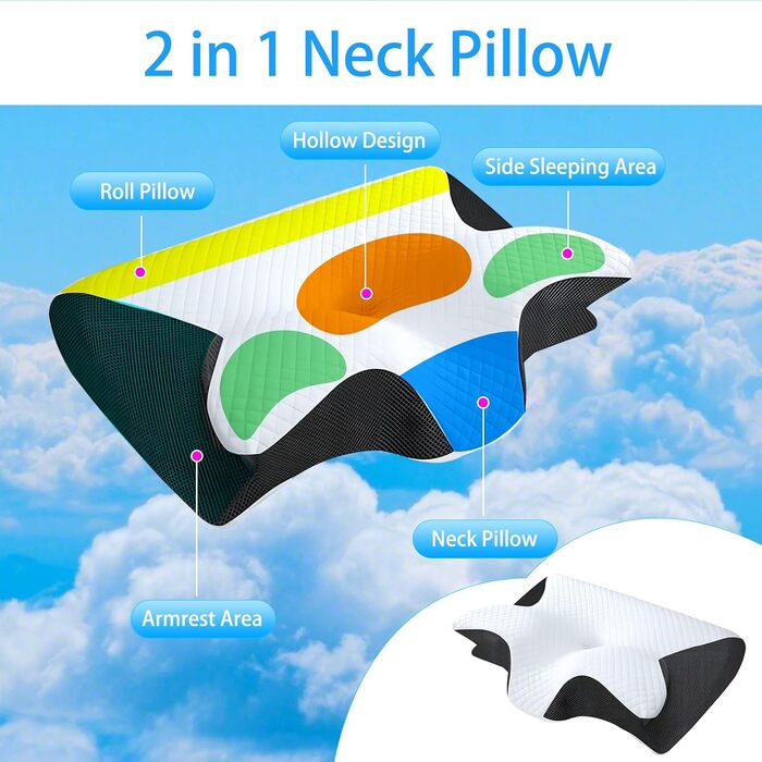 Ортопедична подушка для шиї Tbintul з Memory Foam, ергономічна подушка для сну, для тих, хто спить на боці, спині та животі, чорний/білий