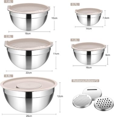 Набір мисок Homikit: 5 мисок з нержавіючої сталі з кришками та силіконовим дном, мультифункціональні, складані, придатні для миття в посудомийній машині, 6.6L / 3.5L / 2.5L / 1.5L / 1L (Хакі, з 3 тертками)