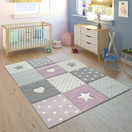 Дитяча дитяча кімната Дитячий килим для хлопчиків Дівчатка Play Килим Modern Heart Dots Stars 3D Effect Purple Grey Cream, Розмір (200x290 см)