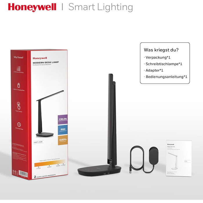 Світлодіодна настільна лампа Honeywell Sunturalux H2, з регулюванням яскравості, USB, сенсорний, 4 кольори, захист очей, чорний