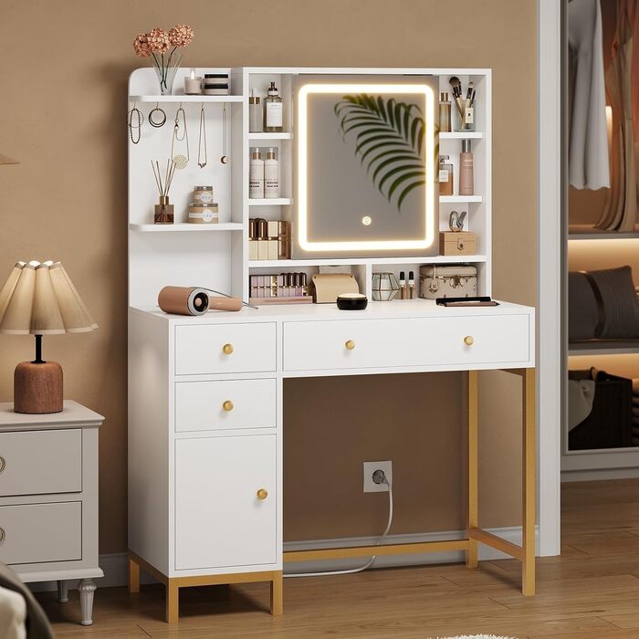 Трюмо AOGLLATI з розеткою, LED-підсвічуванням, регульованою яскравістю, шухлядами та полицями. Косметичний столик зі дзеркалом (білий)