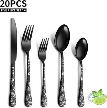 Набір столових приборів на 4 особи, 20 предметів: ніж, виделка, ложка, чорний, нержавіюча сталь, для посудомийної машини