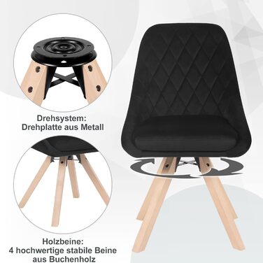 Набір обідніх стільців WOLTU (6 шт.) з м'яким оксамитовим сидінням, дерев'яними ніжками з бука, для кухні, вітальні, їдальні, до 150 кг, чорний колір