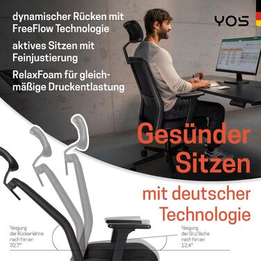 Офісний стілець YOS S5 з підтримкою спини та голови, чорний. Німецька якість, до 150 кг
