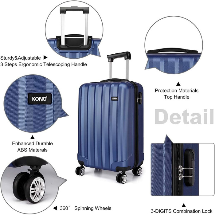 KONO Легкий ручний багаж, 55 x 35 x 20 см, з жорстким корпусом, ABS, 4 колеса, Navy Blue
