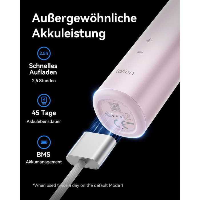 Laifen Wave - електрична звукова зубна щітка з 3 насадками, водонепроникна (IPX7), для дорослих (рожева)