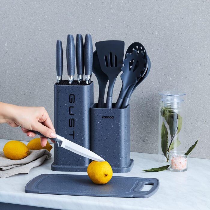 Набір ножів Karaca Gusto 12 предметів з обробною дошкою та кухонними аксесуарами (сірий)