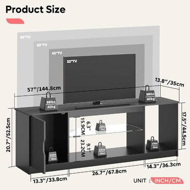 Тумба під телевізор Bestier 145x35x52 см для телевізорів до 65 дюймів з RGB LED-підсвічуванням (22 кольори) та регульованими скляними полицями - низький комод для вітальні, спальні (чорний карбон)