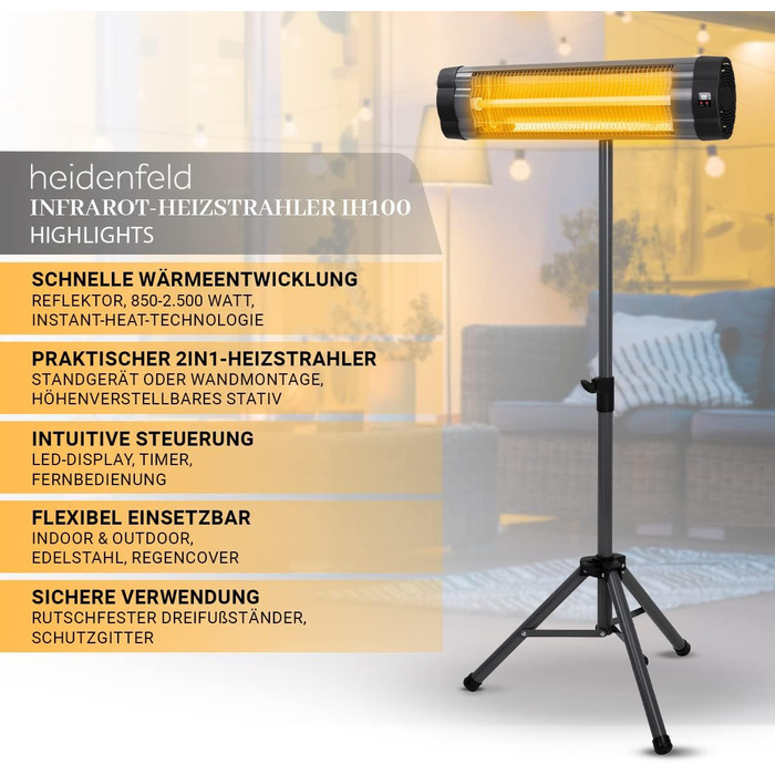 Інфрачервоний обігрівач Heidenfeld IH100 Гарантія 3 роки - 2500 Вт - пульт дистанційного керування - штатив - захисний кожух