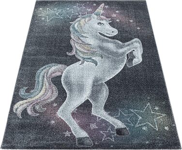 Домашній дитячий килим з коротким ворсом, сірий килим із зображенням єдинорога і зірки, м'який килим для дитячої кімнати, Колір сірий, Розмір 80x150 см