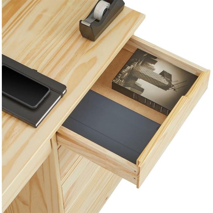 Письмовий стіл IDIMEX Hugo виготовлений з масиву сосни за своєю природою, красивий учнівський стіл з 5 висувними ящиками, практичний офісний стіл з поперечиною для стійкості