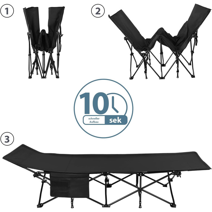 Розкладне кемпінгове ліжко ALPIDEX до 200 кг з м'яким матрацом та бічною кишенею, чорне