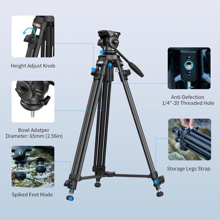 SMALLRIG 62'' відеоштатив з 360° флюїдною головою, легкий алюмінієвий штатив з швидкознімною пластиною та ручкою для DSLR та відеокамер, вантажопідйомність 5 кг, AD-50Lite