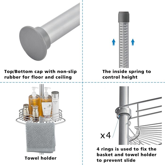 Телескопічна душова полиця DAMAI без свердління Душова полиця з нержавіючої сталі Кутова полиця з нержавіючої сталі Полиця для ванної кімнати Полиця для ванної кімнати з 4 кошиками для ванни та ванної кімнати Нержавіюча 73-266 см Сіра