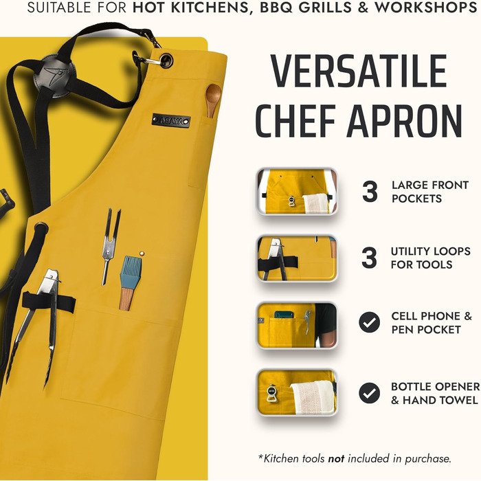 Фартух Asaya для жінок та чоловіків + рушник та відкривачка для пляшок – 284 мл, канвас, жовтий
