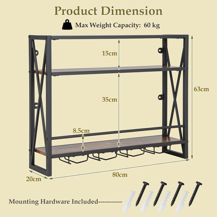 Стильна полиця для вина Komfotteu на стіну, дерев'яна з металевим каркасом, з тримачем для келихів, органайзер для пляшок, бар, кухня, вітальня (80 x 20 x 63 см)