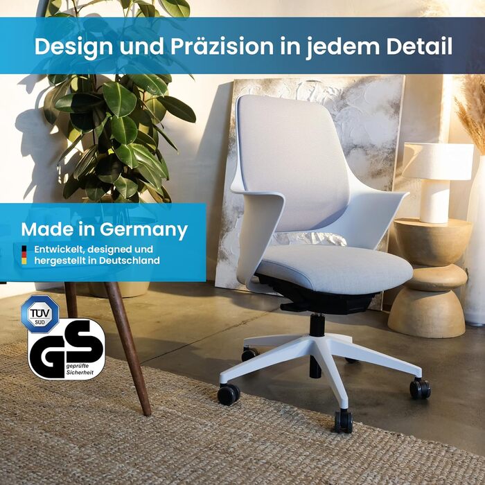Ergotopia WellBack: Ергономічне крісло для офісу та дому, Made in Germany, з підтримкою попереку та синхро-механізмом, білий каркас, сірий колір