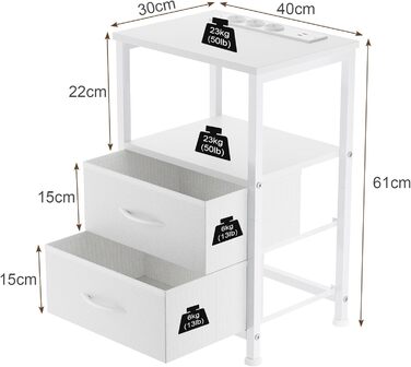 Нічний столик з LED-підсвіткою та функцією зарядки, з шухлядою, 3 розетки AC та USB, для вітальні/спальні (40T x 30B x 60H cm, Білий)