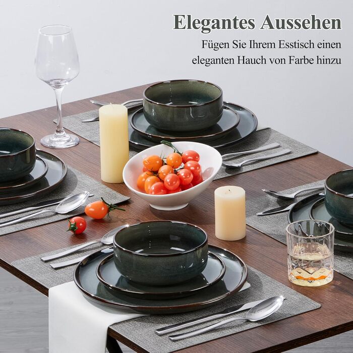 Набір посуду Joyfair на 6 осіб (18 предметів), кераміка, темно-зелений, для мікрохвильовки та посудомийної машини. Елегантний гладкий дизайн.