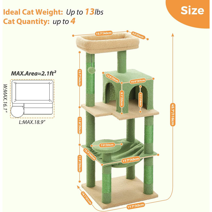 Котяче дерево PAWZ Road з гамаком, Котяча вежа, 2-дверний будинок, кігтеточка, жердинка, 116см зелений