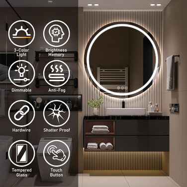 Дзеркало для ванної кімнати з підсвічуванням, 60 см, кругле, з антизапарюванням, регульоване, 3 кольори світла (70x70 см)