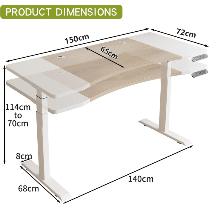 Електричний L-подібний стіл OCGREEN з регулюванням висоти 150x72CM, дуб, контроль пам'яті, з'єднувальна дошка