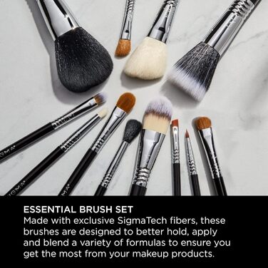 Набір пензлів для макіяжу Sigma Beauty Essential Kit з 12 шт. - для обличчя та очей, інструментів для косметики - з 3-кільцевими рукавами-пензликами - для тонального крему, консилера, пудри, рум'ян, тіней для повік, контуру тощо