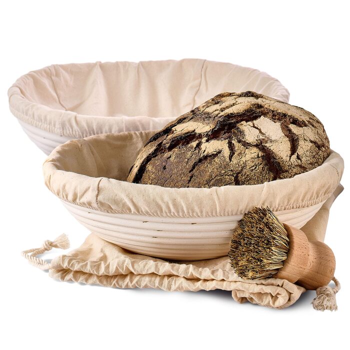 Набір для хліба Praknu: 2 кошики з ротангу, щітка, тканинна вставка та мішечок для хліба (2x30 см)