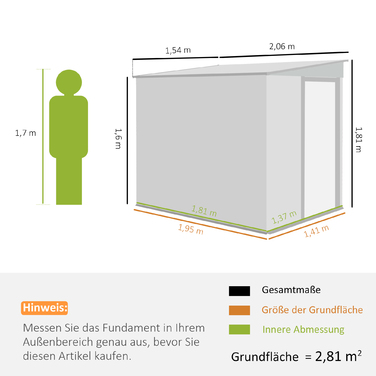 Гаражний бокс Outsunny з металу, 2,81 м², 154x206,5x181 см. Сховище для інструментів з похилим дахом та фундаментом.