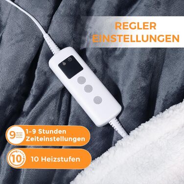 Електрична ковдра PROALLER 160x130 см з 10 рівнями нагріву та таймером, м'яка фланель-шерпа, для дивану, ліжка, офісу, сірий колір