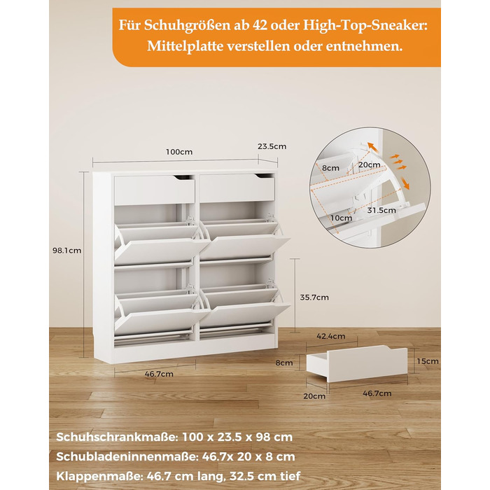 Шкаф для взуття IRONCK з 4 дверцятами, вузький, з 2 висувними ящиками, окремо розташований, з регульованими перегородками, для передпокою, входу та вітальні (Білий) 100*23.5*98 см, Білий