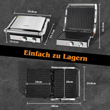 Контактний гриль Aigostar з керамічним покриттям, таймер на 30 хв. Паніні гриль та сендвічмейкер для сендвічів, стейків, тостів. 2000 Вт, регульований термостат, відкривання 180°, функція грилю