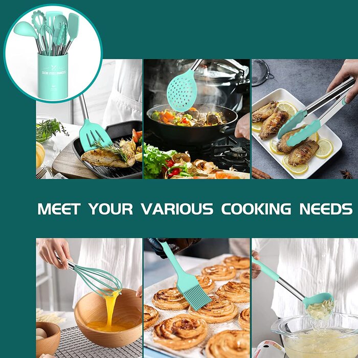 Набір кухонних аксесуарів Umite Chef, 15 предметів, силікон, термостійкий, антипригарний, без BPA, нержавіюча сталь, лопатки, ложки, щипці, вінчики, кухонне приладдя (зелений)