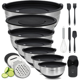 Набір міксерів BEWOS 7 шт. з кришкою, нержавіюча сталь, різні розміри, з терткою, антиковзаюче дно, чорний