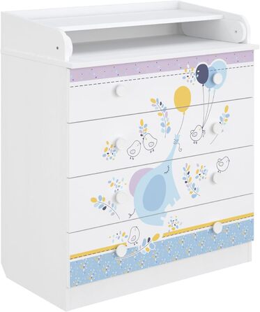 Дитяча пеленальна комода Shefa Kids Elefant з повітряною кулькою – 4 шухляди, з відкидним столиком, для дитячої/немовлятньої кімнати, ергономічна пеленальна станція, білий слон