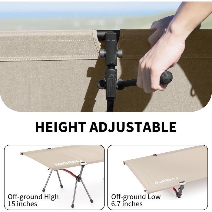 Польове ліжко Naturehike Ultralight: складане кемпінгове ліжко, витримує до 150 кг, регульована висота, бежеве