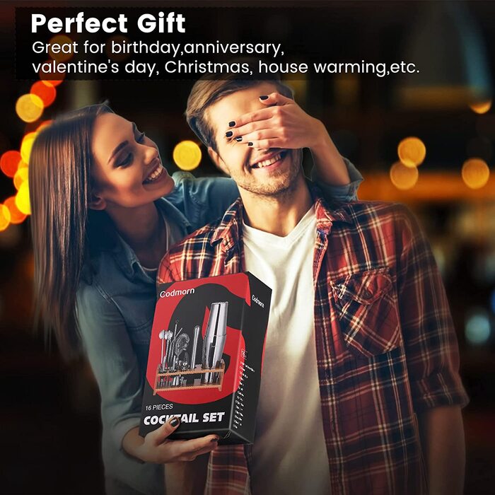Набір для коктейлів Boston Cocktail Set 16 предметів з нержавіючої сталі, професійний, 600/450 мл, з аксесуарами для бару, бамбуковий підставка, подарунковий набір