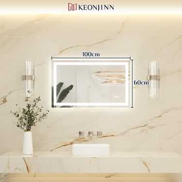 Дзеркало для ванної кімнати Keonjinn з підсвічуванням 50x70 см, без запотівання, LED, сенсорне керування, 3 кольори, регулювання яскравості, пам'ять, без рамки