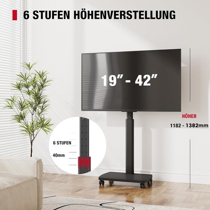Підставка для телевізора мобільна з дерев'яною основою, поворотна, для TV 19-42 дюйми, чорна, до 20 кг, VESA 200x200 мм