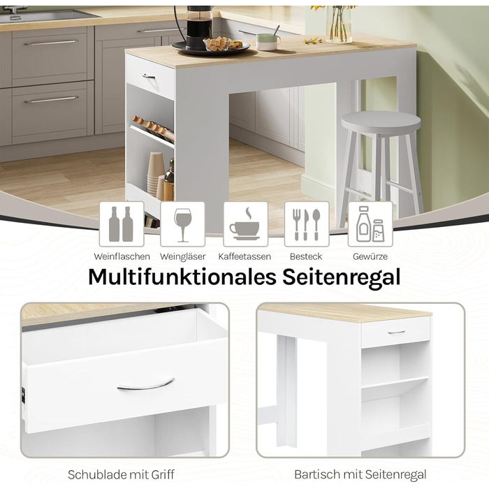Стіл-бар WOLTU з шухлядою та полицями, вітрина для вина, кухонний стіл для бару, кухні, вітальні, їдальні (90 x 50 x 120 см, білий + світлий дуб)