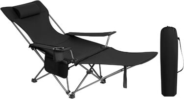 Крісло для кемпінгу WOLTU Складне крісло для риболовлі Ультралегке крісло Шезлонг зі спинкою Підставка для ніг Тримач для чашки Сумка для зберігання Сонцезахисне крісло Вантажопідйомність 150 кг Оксфордський тканинний складаний стілець чорний