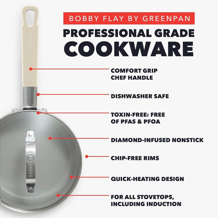 Набір посуду GreenPan x Bobby Flay 13 предметів: професійний алюміній, антипригарне покриття Ceramic, без PFAS/PFOA, індукційний, силіконові ручки, сумісний з посудомийною машиною (2.53QT соусниця з кришкою, кремовий)