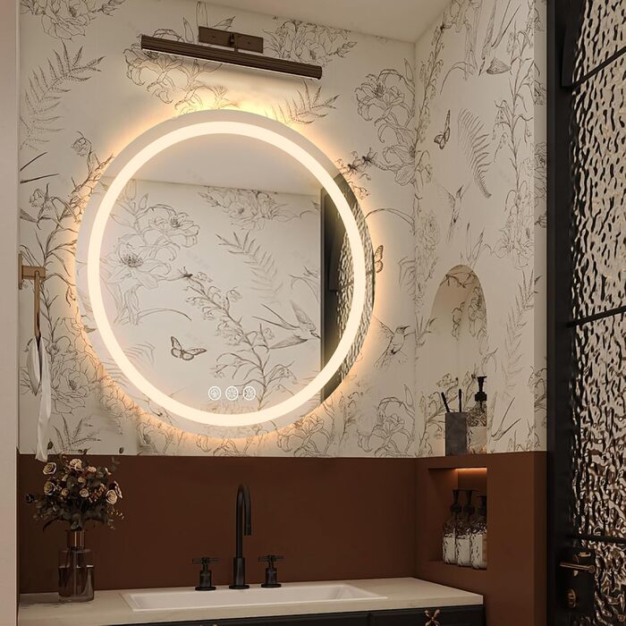 Дзеркало для ванної кімнати з підсвічуванням, 60 см, кругле, з антизапарюючим покриттям, диммер, 3 кольори світла, 60x60 см